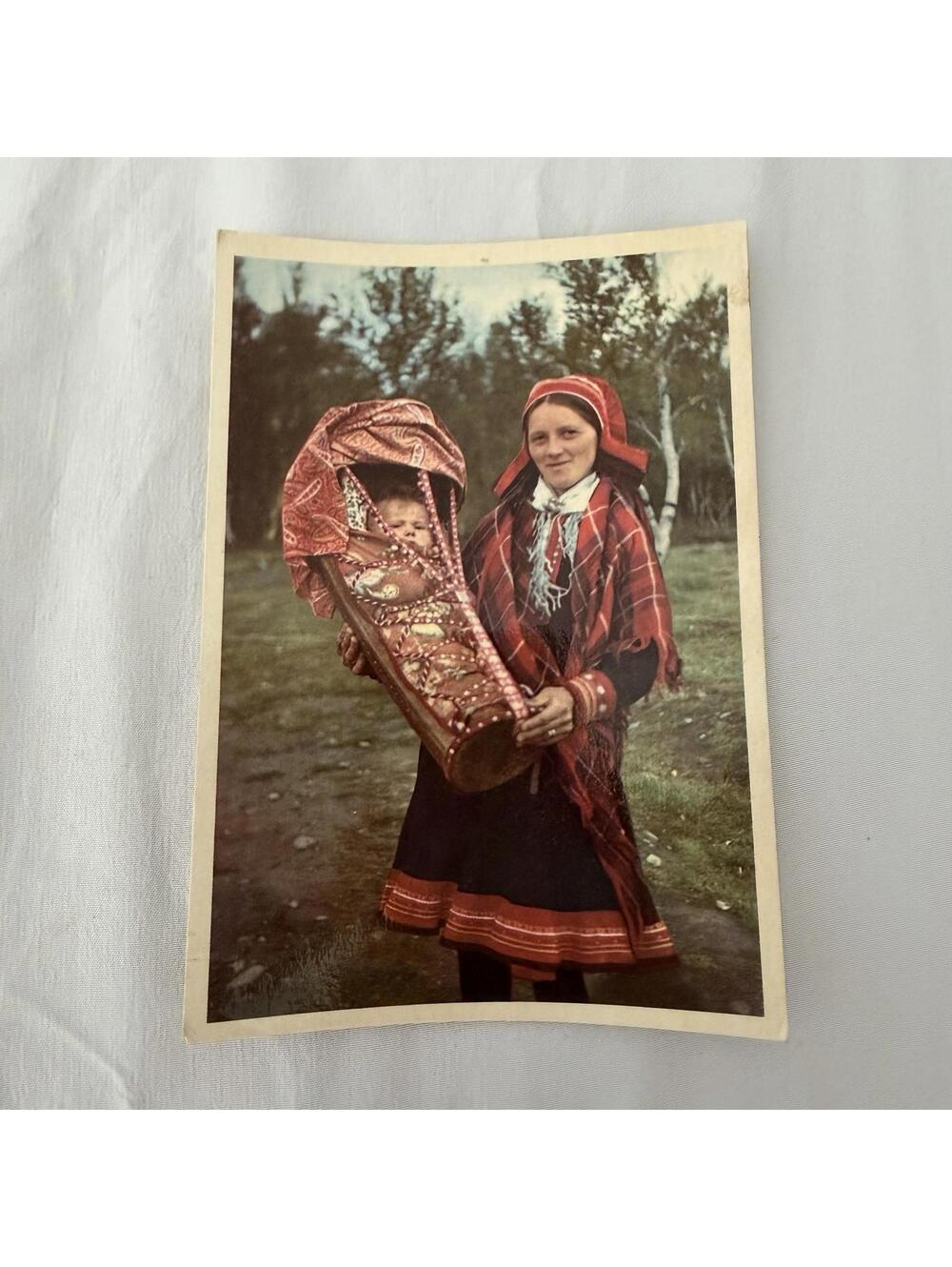 Vintage Sami Woman Postcard - Norwegian Lapp Mother with Cradle Komse 1950s